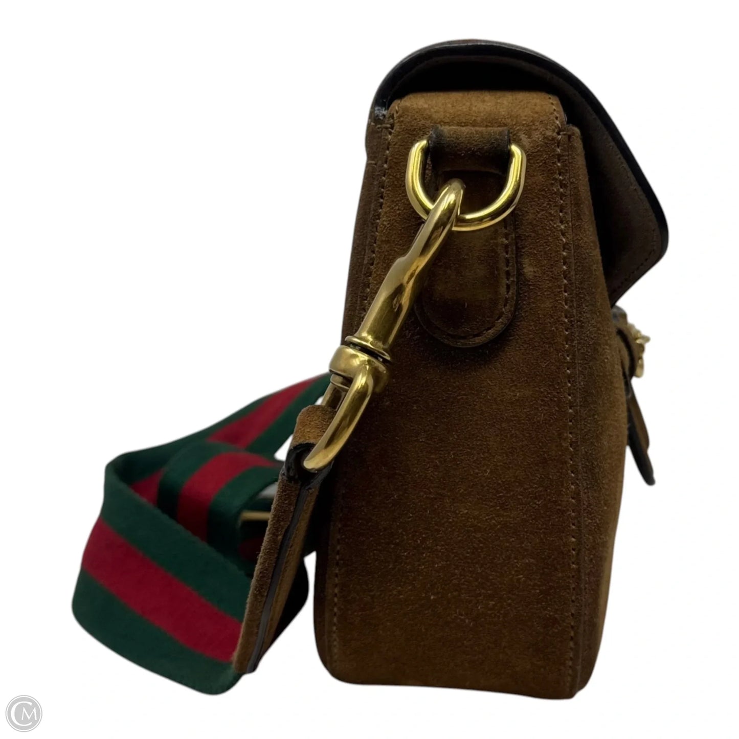 Lady Web Shoulder Bag In New Marron Suede With Antique Gold Horsebit Hardware Luxury Designer By Gucci, Size: Medium