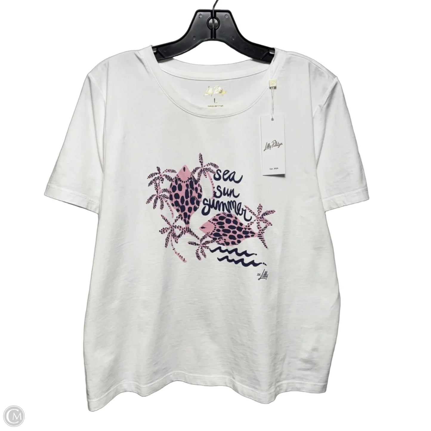 Barreto “Sea Sun Summer” Graphic Top Short Sleeve Designer By Lilly Pulitzer In White, Size: L