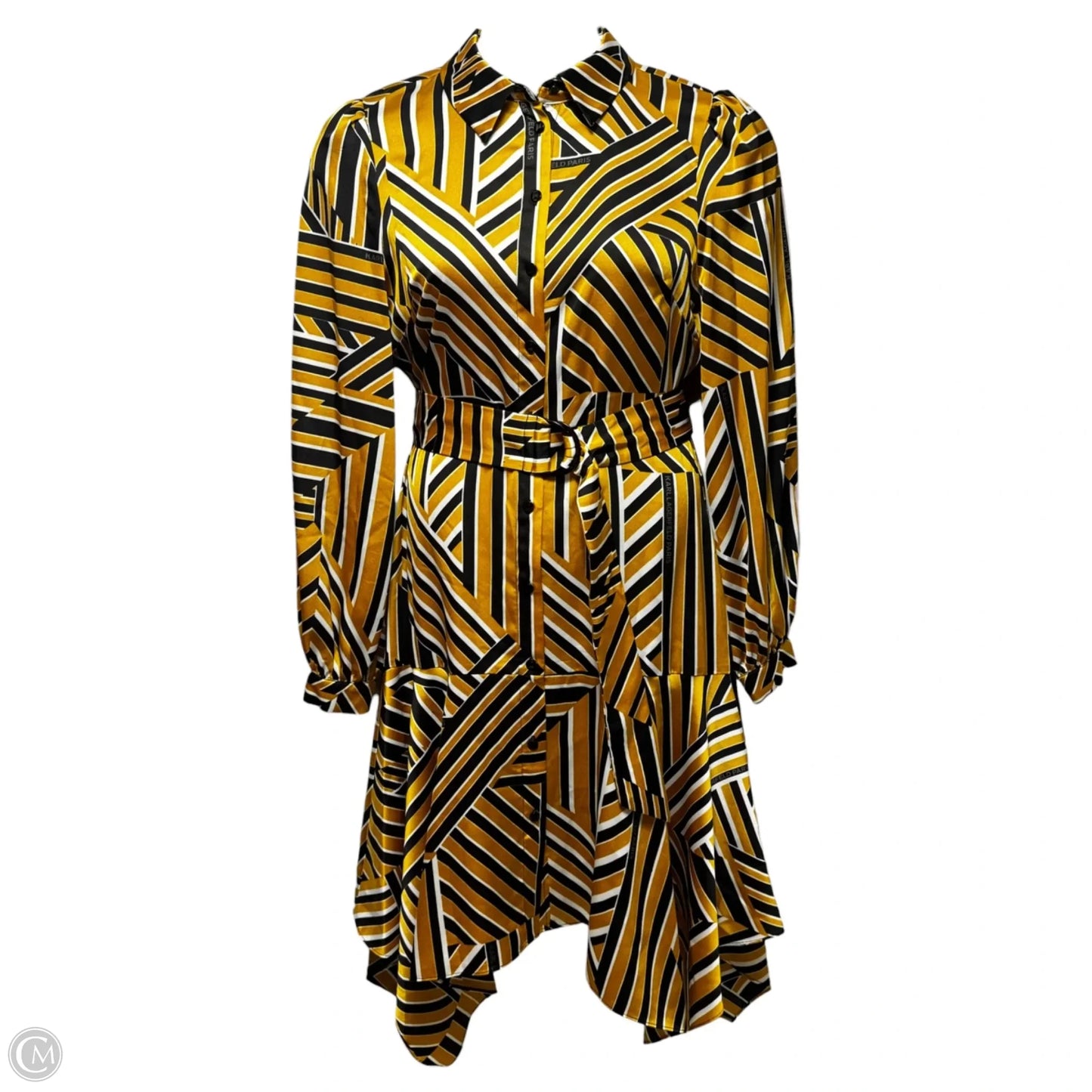 Belted Handkerchief Hem Satin Shirt Dress Designer By Karl Lagerfeld In Striped Pattern, Size: 8