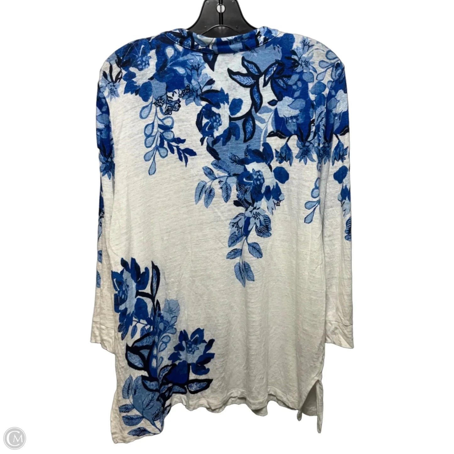 Beaded Collar Linen Top Long Sleeve By Chicos In Blue & White, Size: Xl