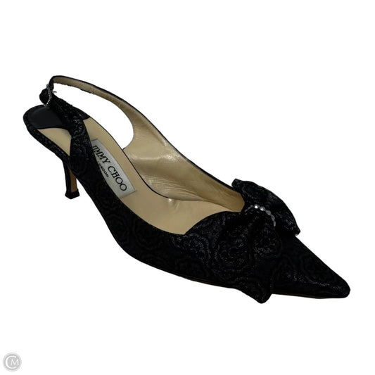 Crystal Embellished Bow Jacquard Kitten Heel Slingback Pumps Luxury Designer By Jimmy Choo In Black & Silver, Size: 8 (38)