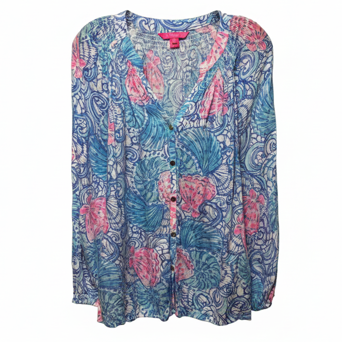 Elsa Top Long Sleeve Designer By Lilly Pulitzer In Blue & Pink, Size: L