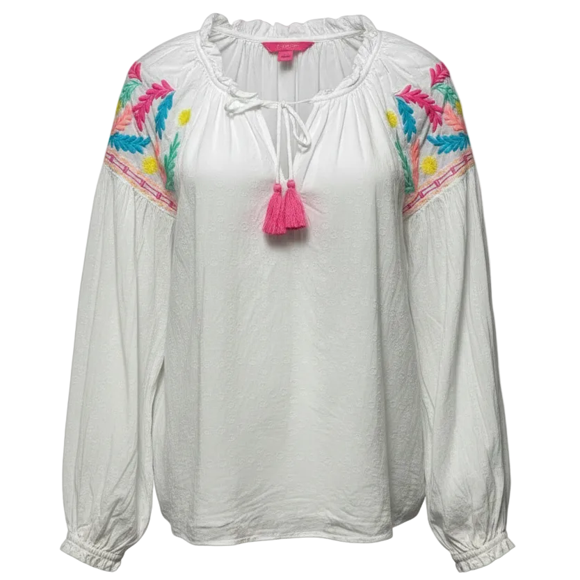 Florentina Embroidered Top Long Sleeve Designer By Lilly Pulitzer In White, Size: L