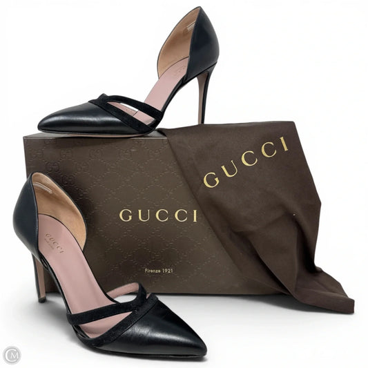 Malaga Kid & Suede D'Orsay Pumps Luxury Designer By Gucci In Black, Size: 6