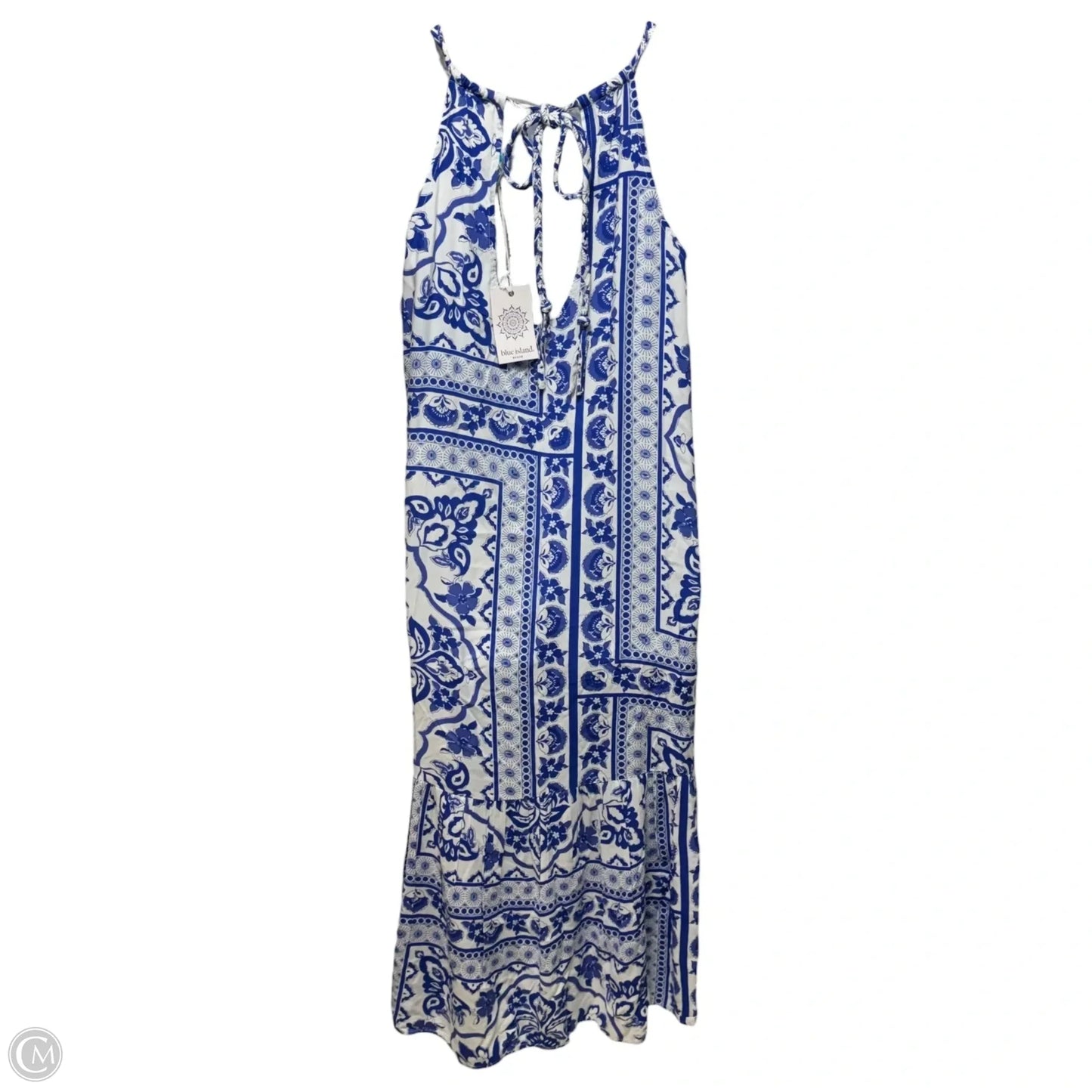 Printed Halter Neck Maxi Dress By Blue Island In Blue & White, Size: M