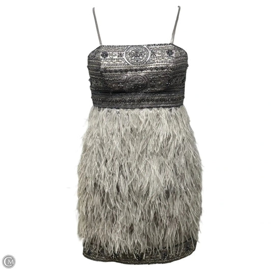 Beaded Ostrich Feather Cocktail Dress Party Short By Sue Wong Nocturne In Silver, Size: 6