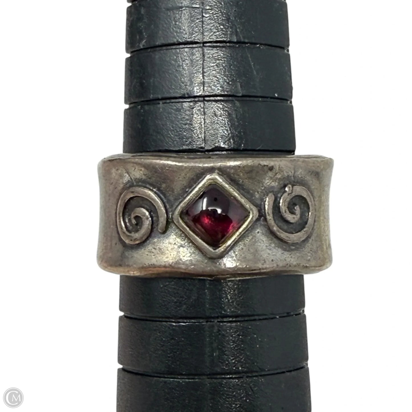 Handmade Oxidized Sterling Silver & Garnet Wide Cigar Band Ring By Didae, Size: 8