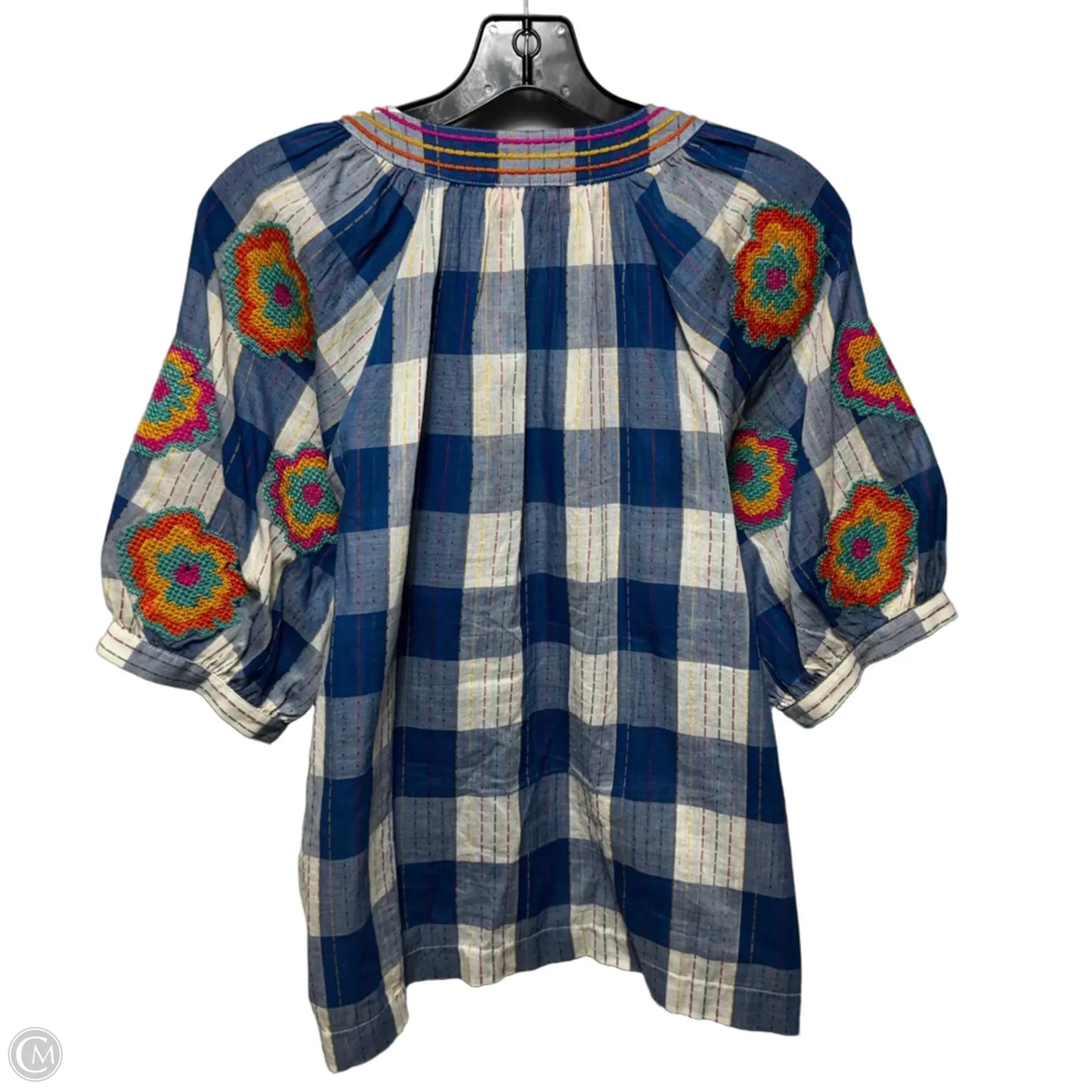 Embroidered Top Short Sleeve By Thml In Plaid Pattern, Size: M