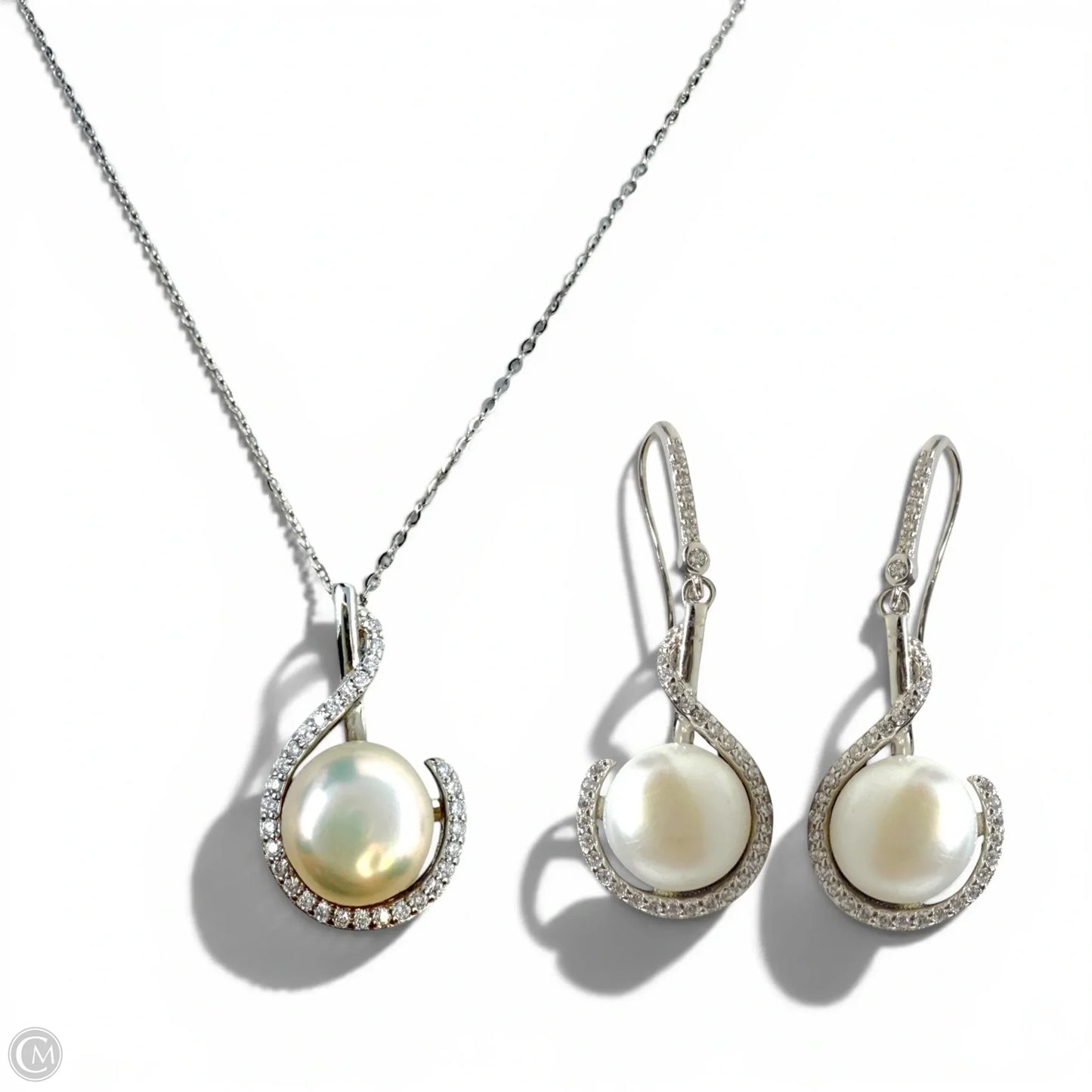 Sterling Silver, Pearl & Pave CZ Earrings & Necklace Set