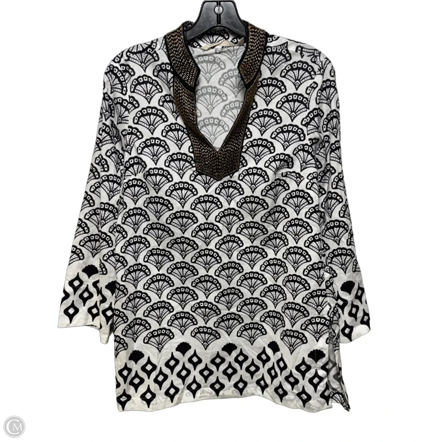 Beaded Collar Cotton Tunic Long Sleeve By Soft Surroundings In Black & White, Size: Xs