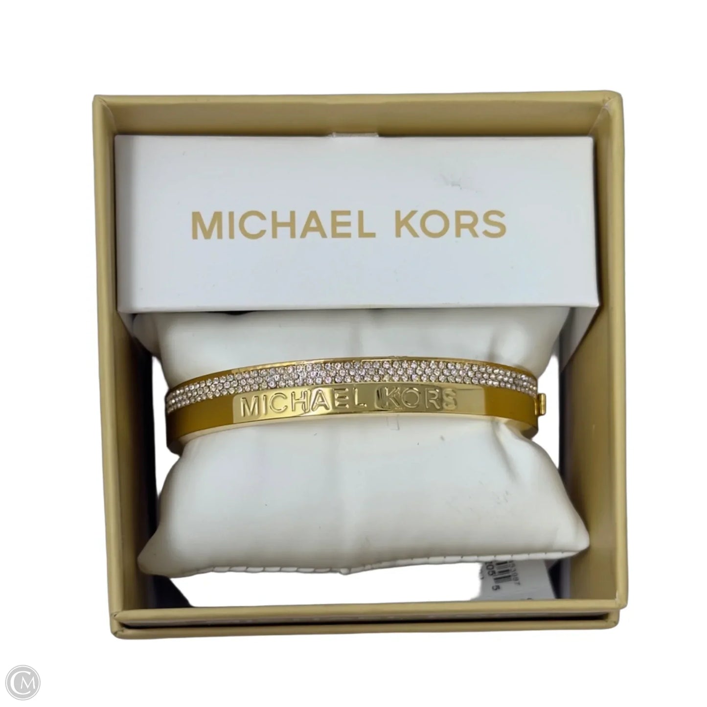 Pave Logo Cushion Hinged Gold Tone Bangle Bracelet By Michael By Michael Kors