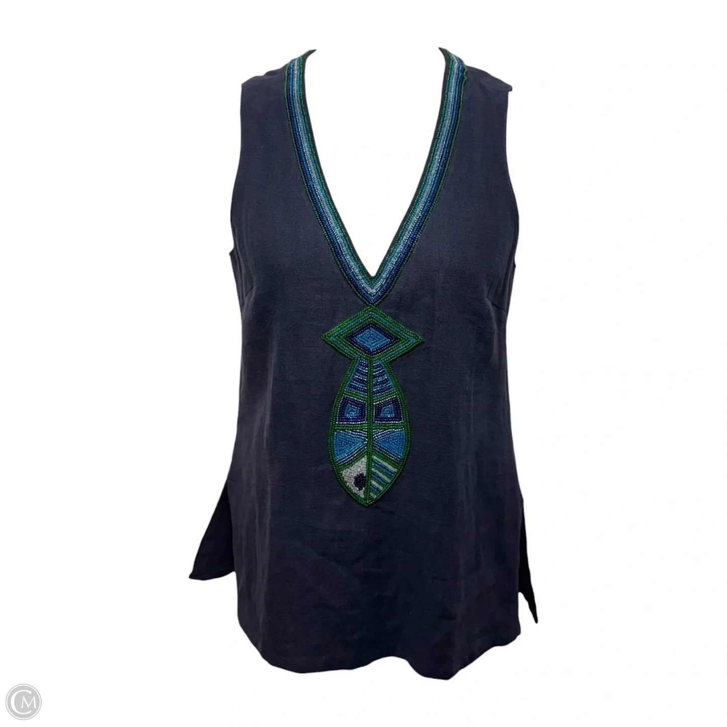 Linen Beaded Fish Top Sleeveless Designer By Tory Burch In Navy, Size: 10