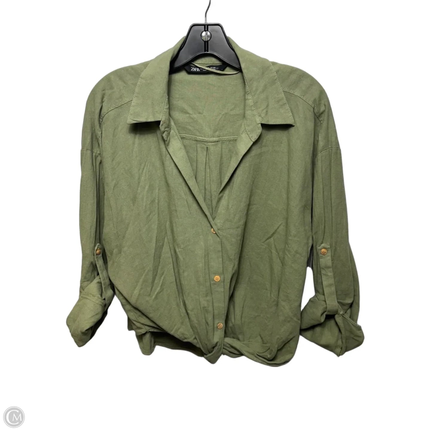 Linen Blend Top Long Sleeve By Zara In Green, Size: S