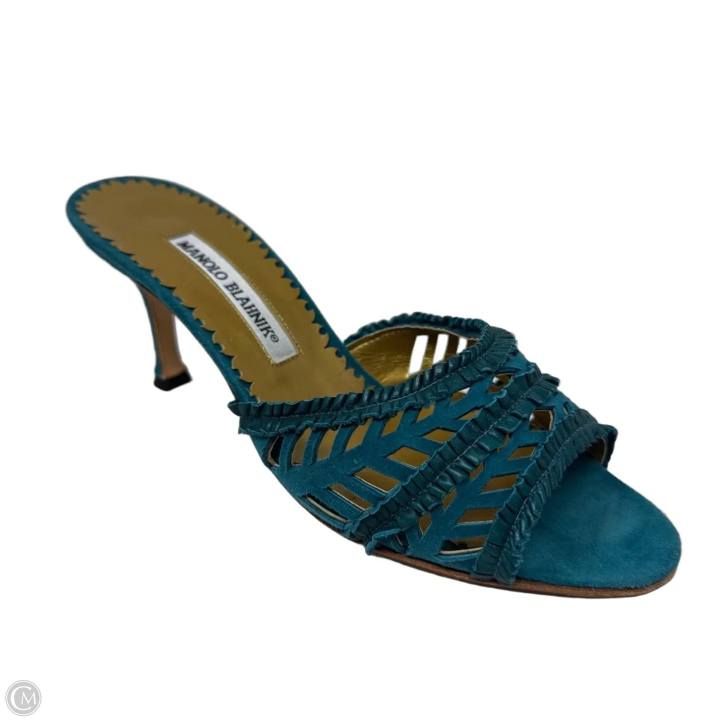 Lasercut Suede Kitten Heel Mules Luxury Designer By Manolo Blahnik In Teal, Size: 37