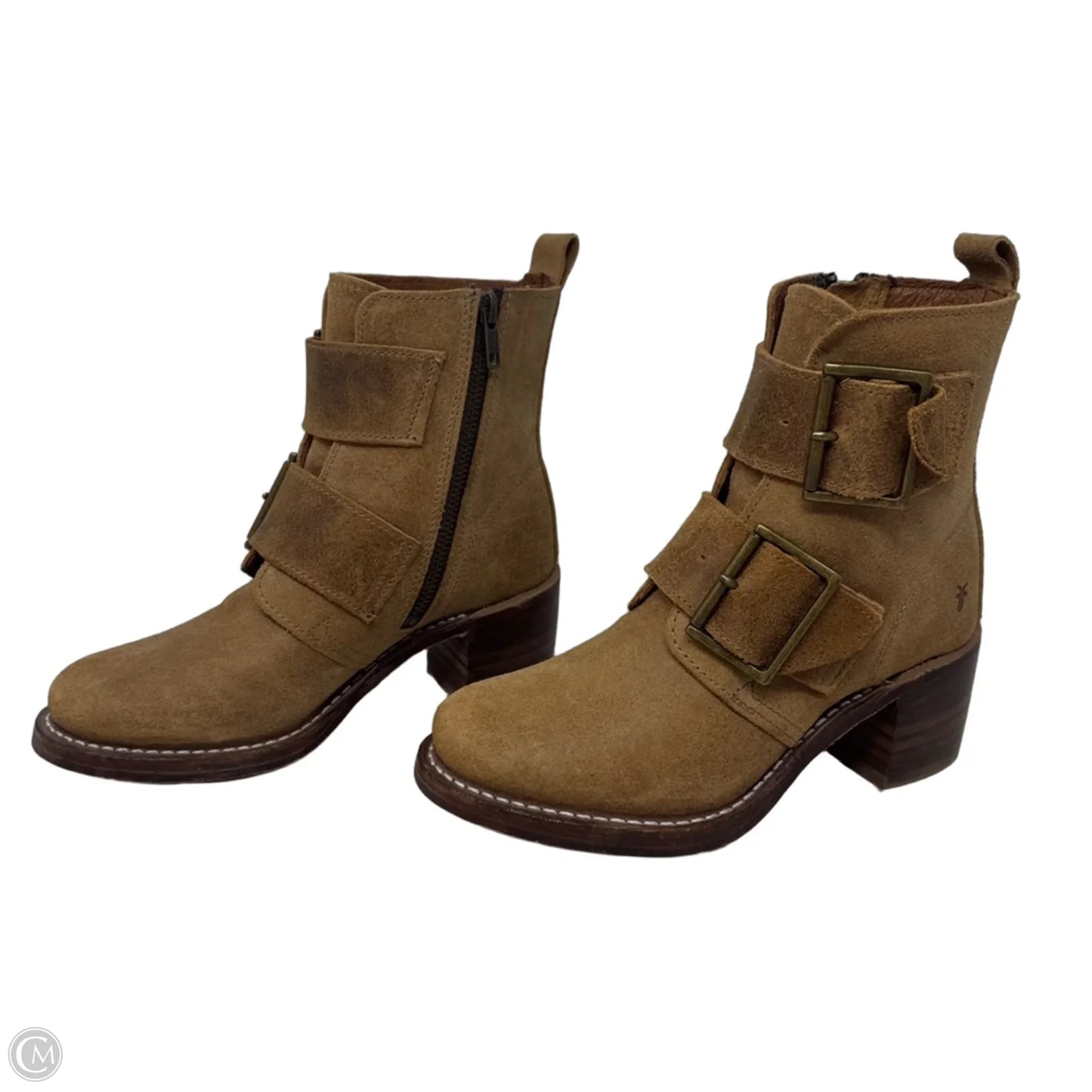 Sabrina Double Buckle Boots Designer By Frye In Tan, Size: 5.5