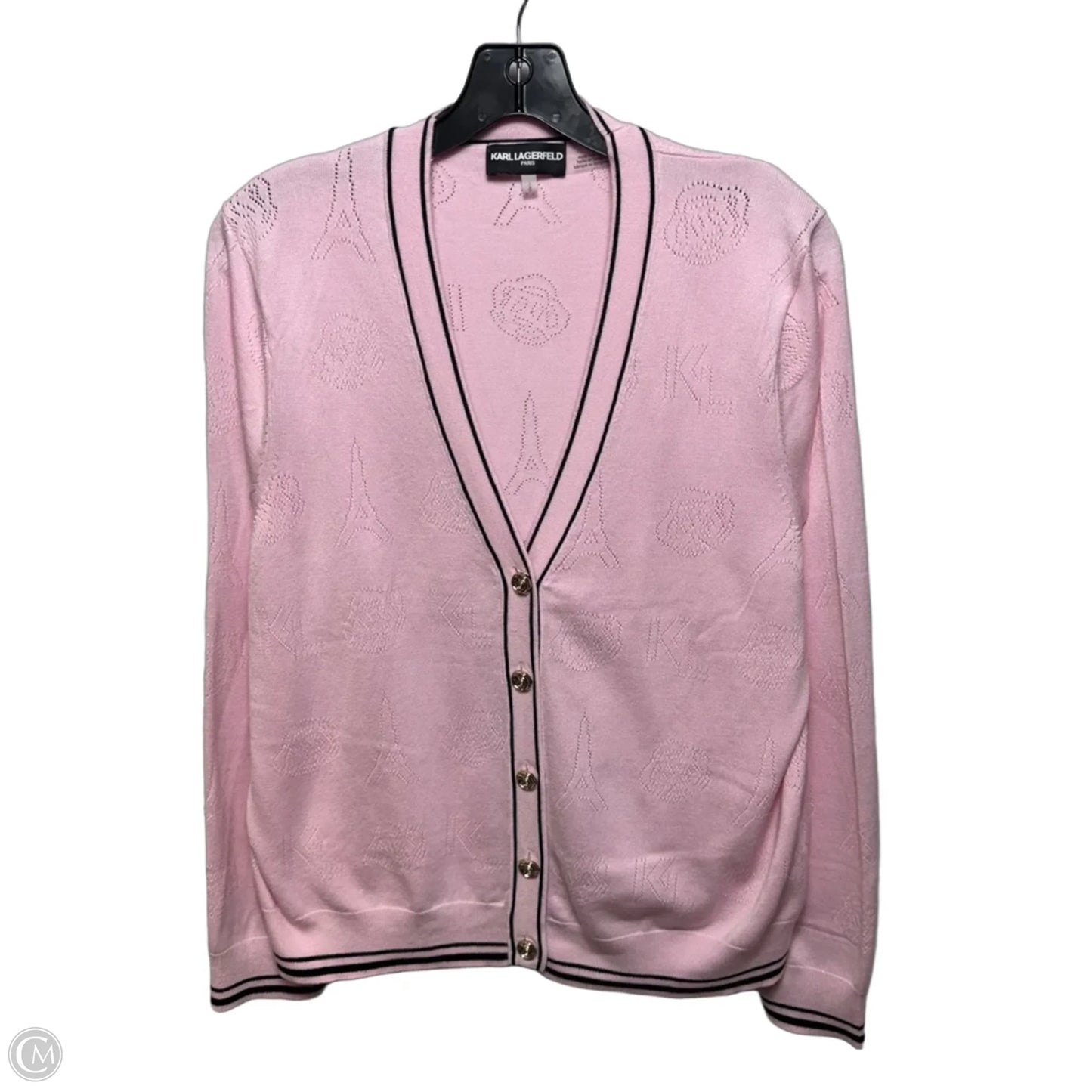 Sweater Cardigan Designer By Karl Lagerfeld In Black & Pink, Size: L