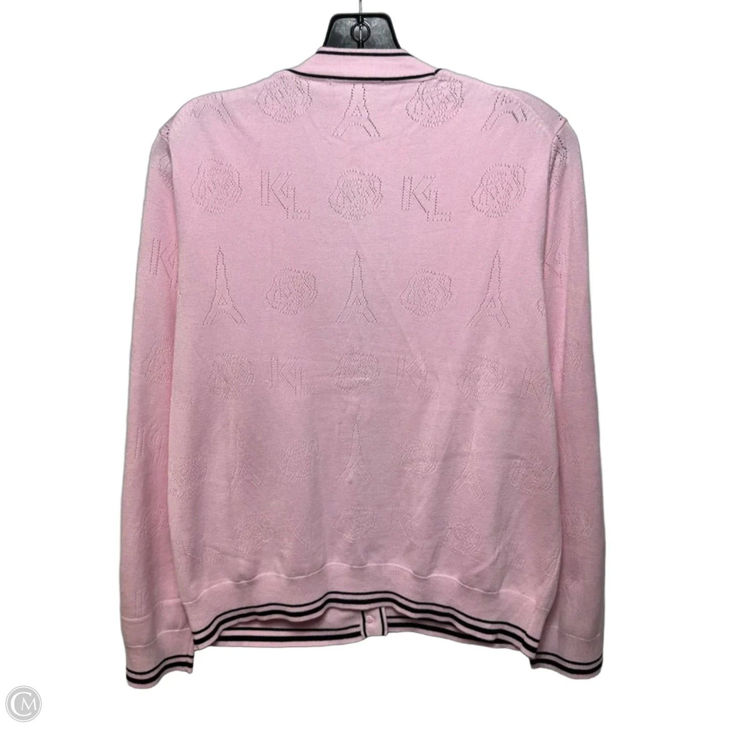 Sweater Cardigan Designer By Karl Lagerfeld In Black & Pink, Size: L