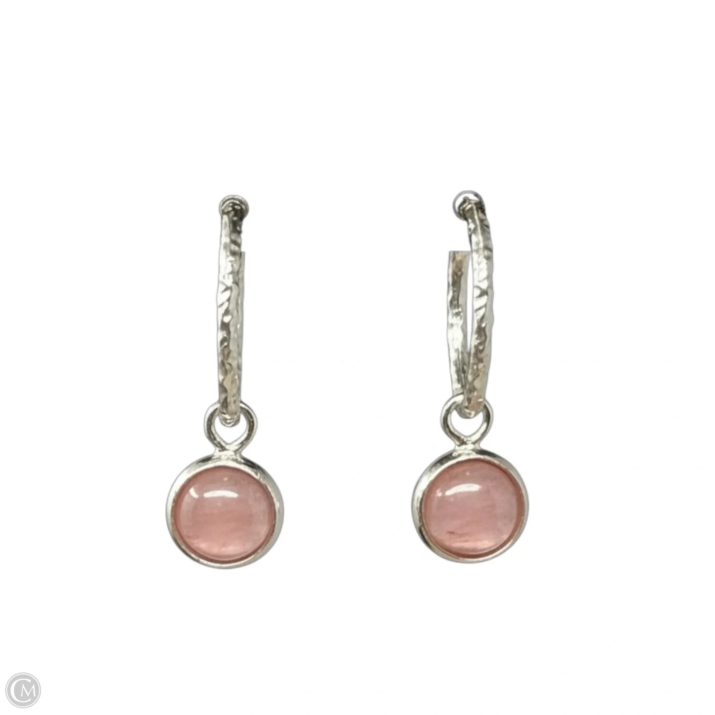 Hammered Silver Tone & Pink Drop Hoop Earrings