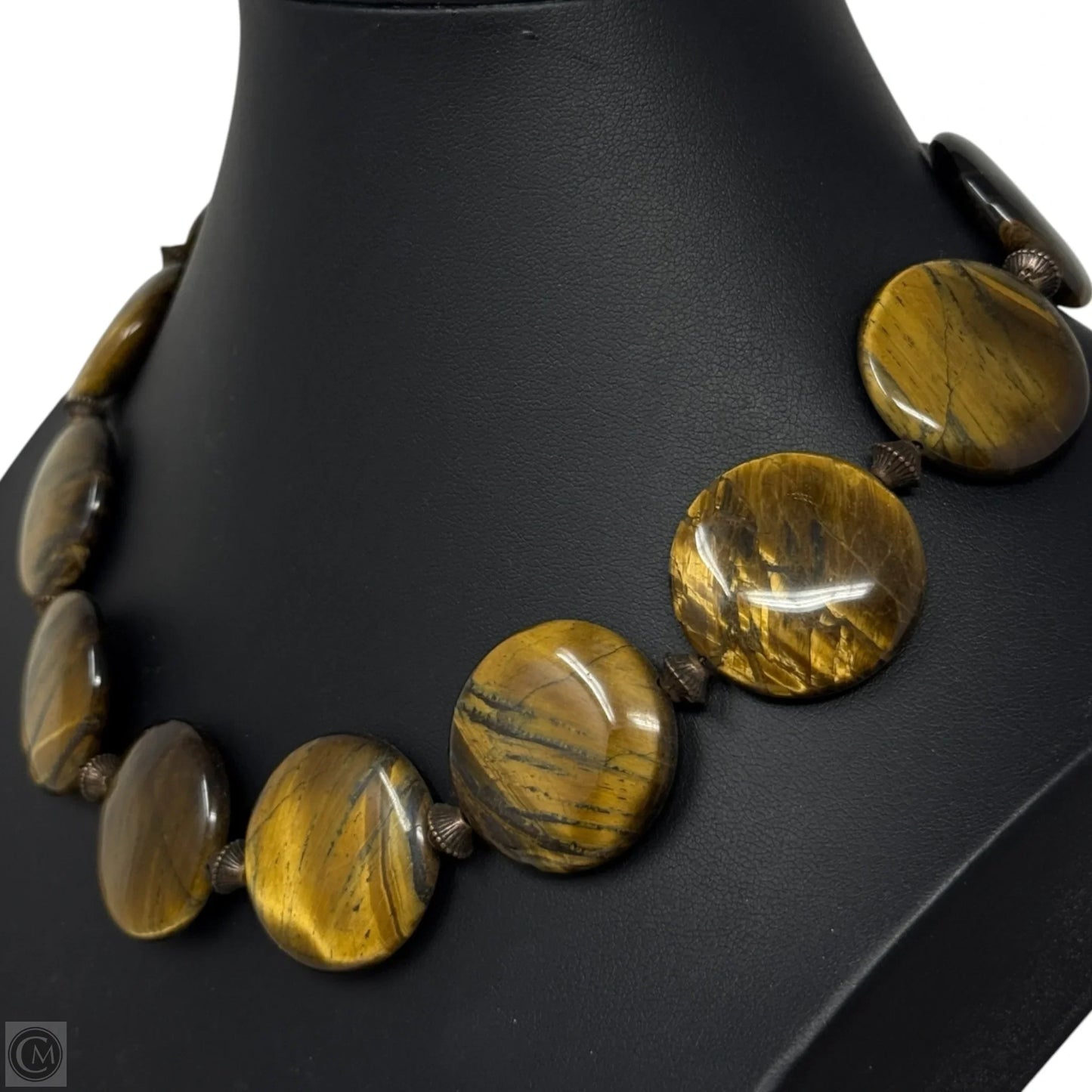Vintage Flat Disc Tigers Eye Coin & Copper Tone Beaded Collar Necklace With Toggle Clasp
