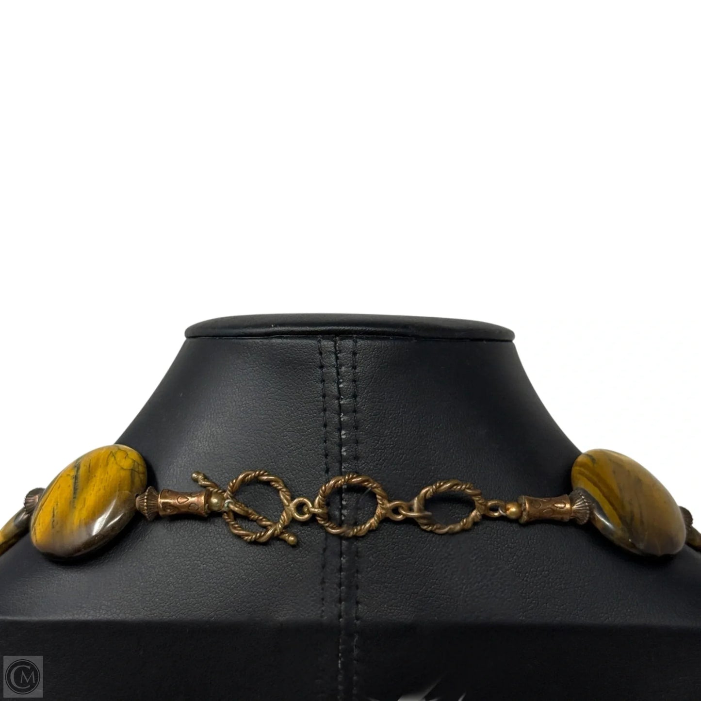Vintage Flat Disc Tigers Eye Coin & Copper Tone Beaded Collar Necklace With Toggle Clasp