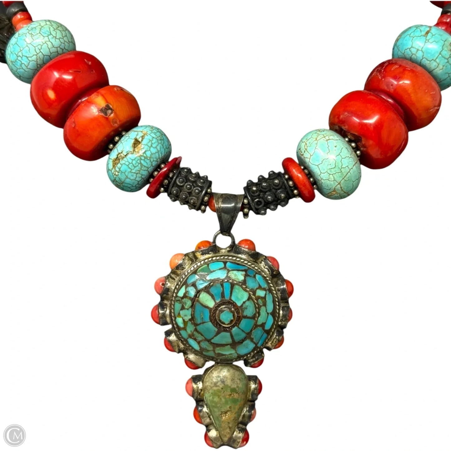 Himalayan Tibetan Sterling Silver, Turquoise & Coral Beaded Statement Necklace