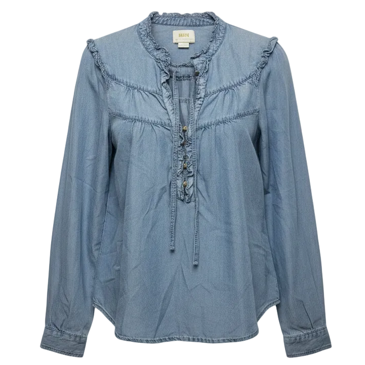 Chambray Ruffle Top Long Sleeve By Maeve In Blue Denim, Size: S