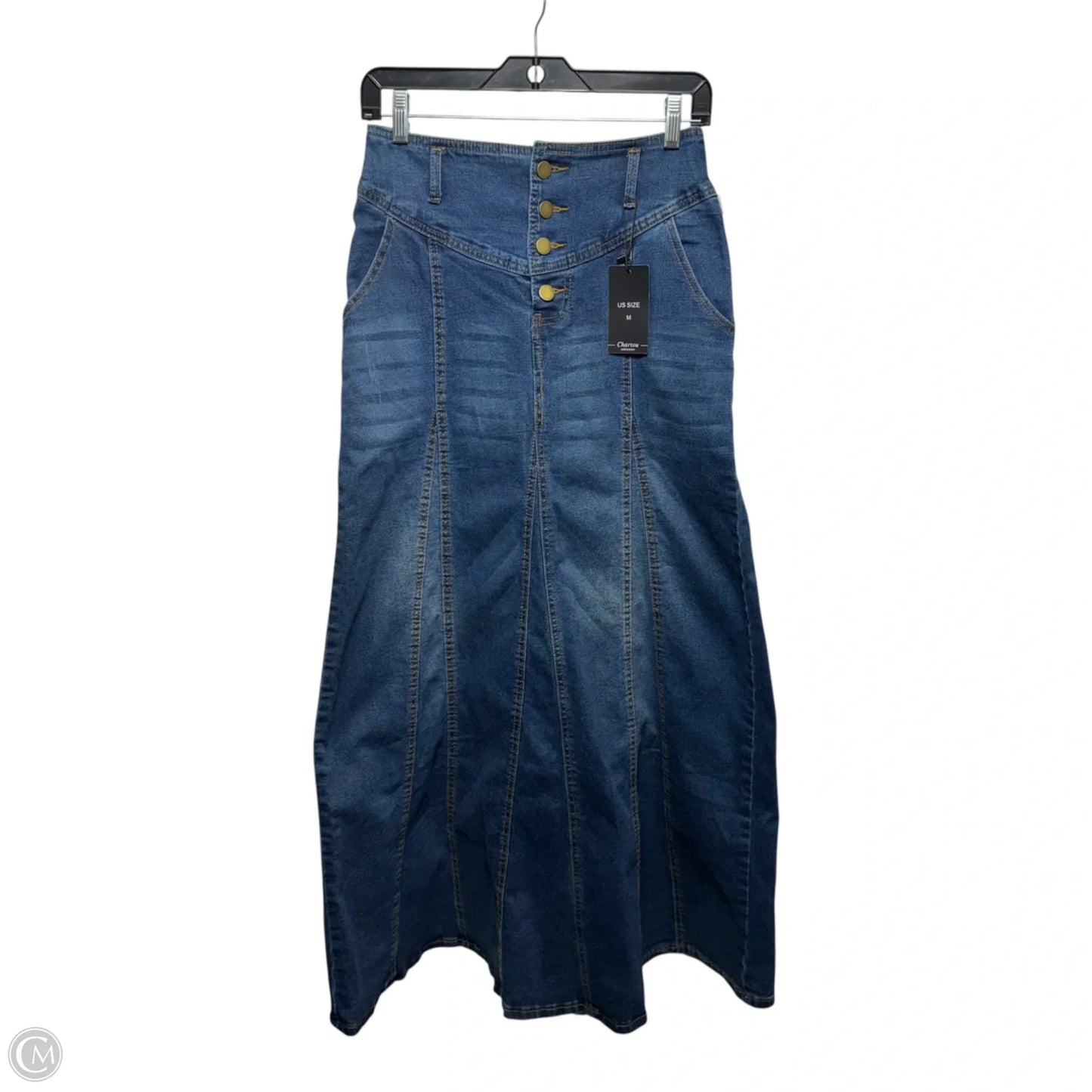 Retro Exposure Button-Fly A-Line Denim Maxi Skirt By Chartou In Blue Denim, Size: M