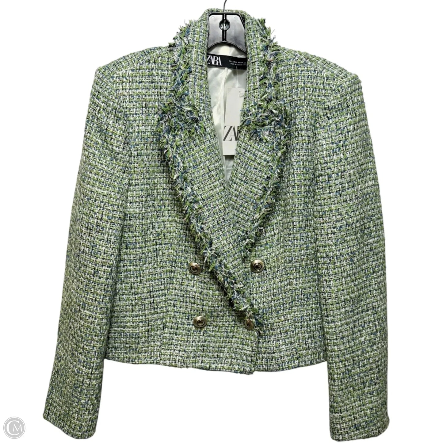 Tweed Cropped Blazer By Zara In Blue & Green, Size: M