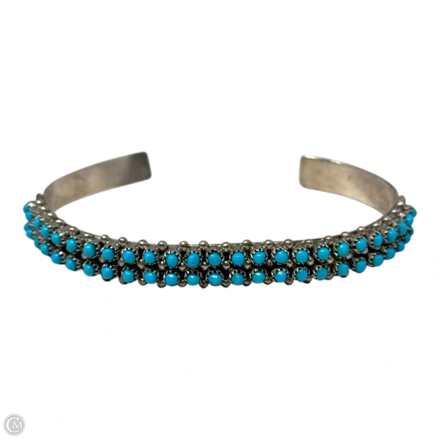 Double Row Sleeping Beauty Turquoise Snake Eyes & Sterling Silver Zuni Cuff Bracelet Stamped S. Haloo