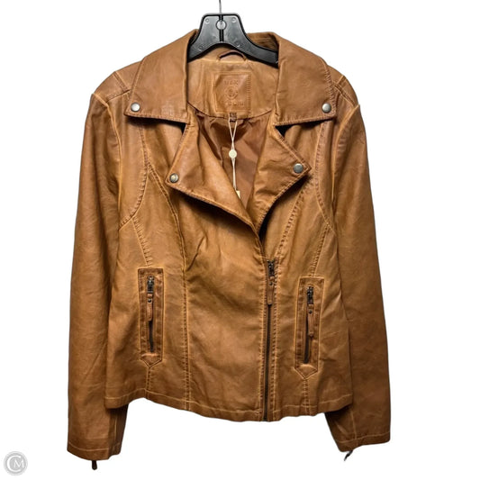Faux Leather Jacket Moto By Max Studio In Tan, Size: L