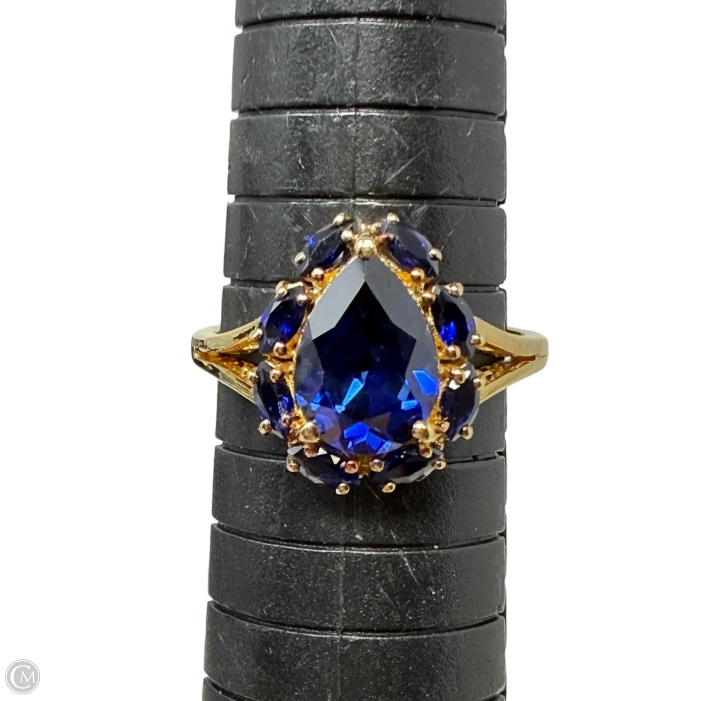Gold Over Sterling Silver & Pear Cut Halo Sapphire Cocktail Ring, Size: 8