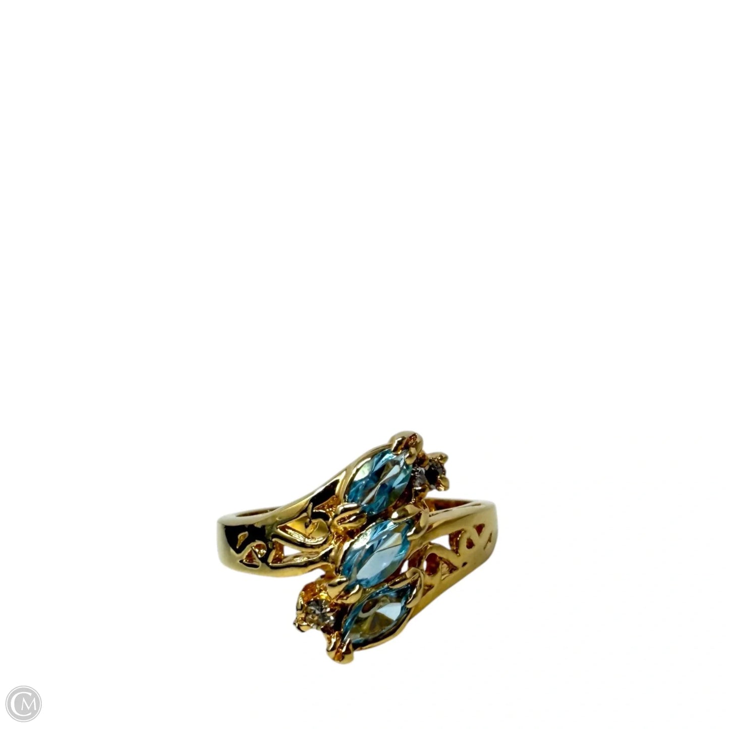Gold Tone Marquise Cut Blue & Clear Gems Bypass Ring, Size: 8