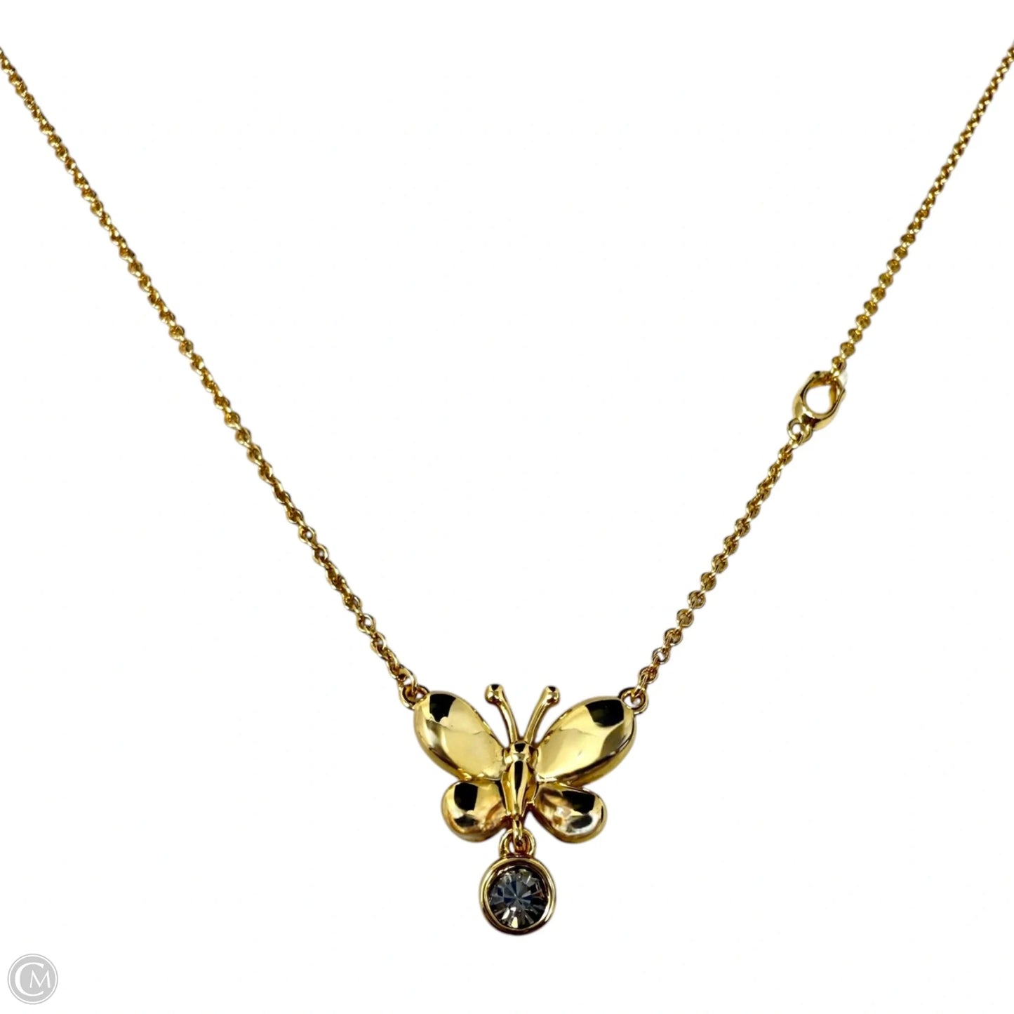 Gold Tone Butterfly & Crystal Drop Pendant Necklace Designer By Coach
