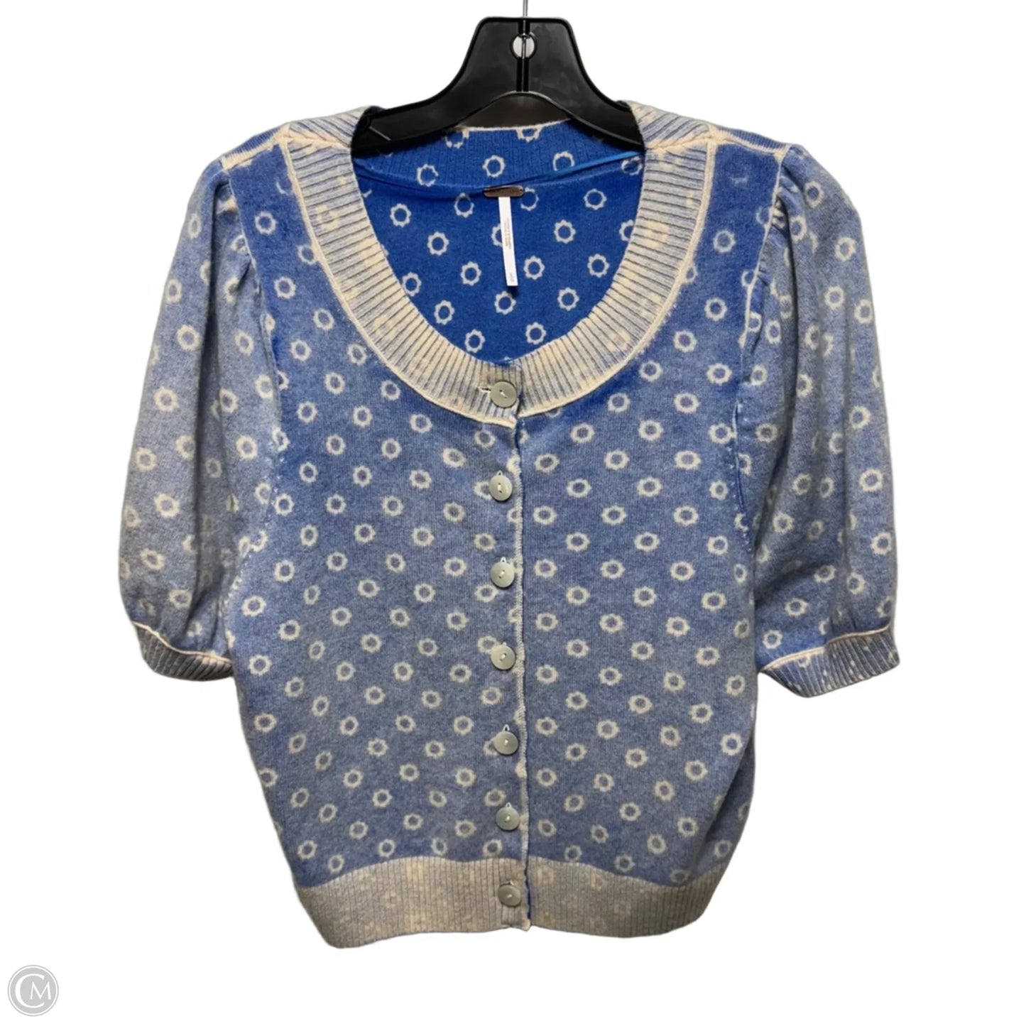 Isla Puff Sleeve Crop Wool & Cashmere Blend Cardigan By Free People In Blue & Cream, Size: L