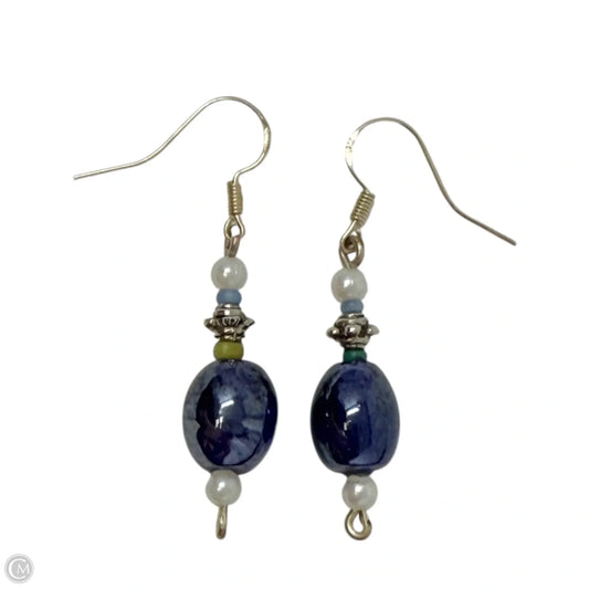 Blue & Cream Beaded Dangle Earrings With Sterling Silver Hooks
