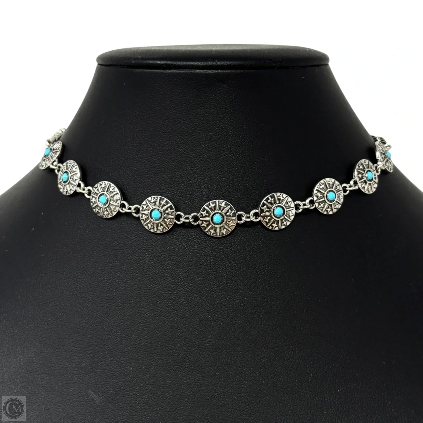 Silver & Turquoise Tone Concho Chain Choker Necklace