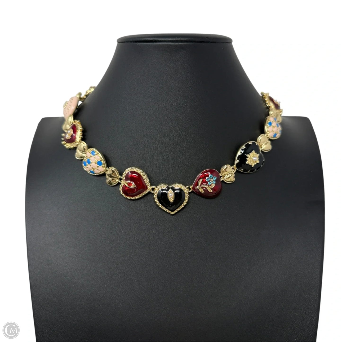 Gold Tone Multicolor Enamel Heart Collar Necklace