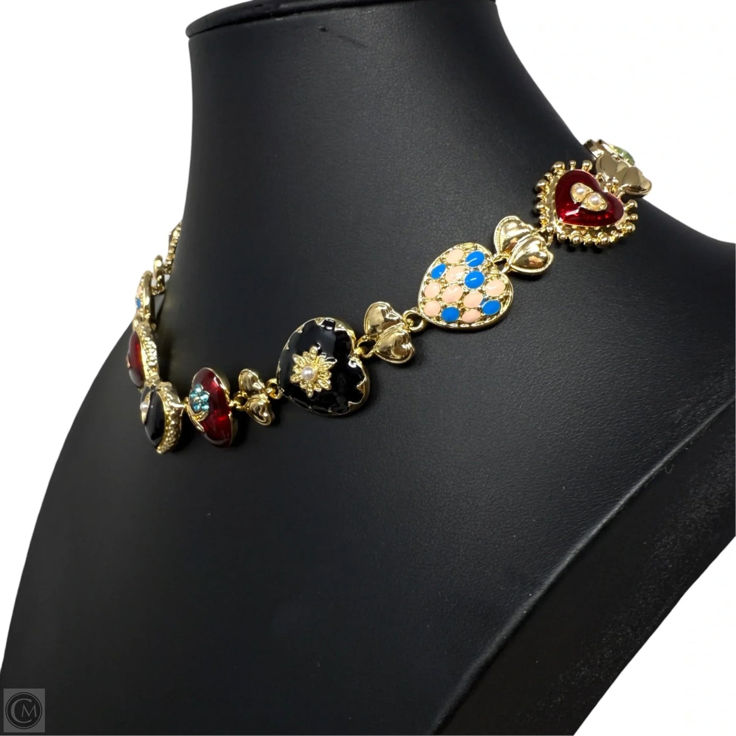 Gold Tone Multicolor Enamel Heart Collar Necklace
