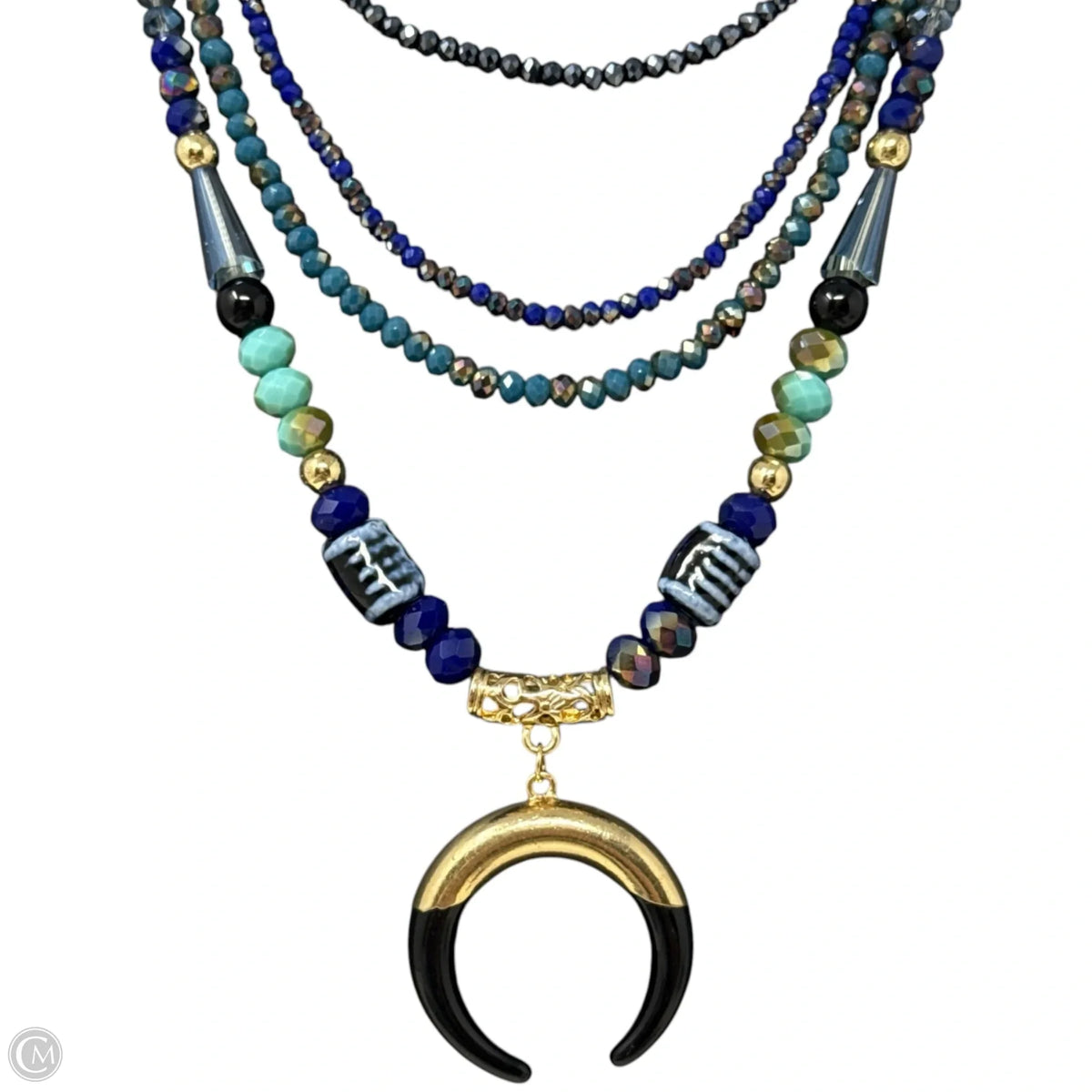 Multi Stone Layered Beaded Crescent Moon Pendant Necklace