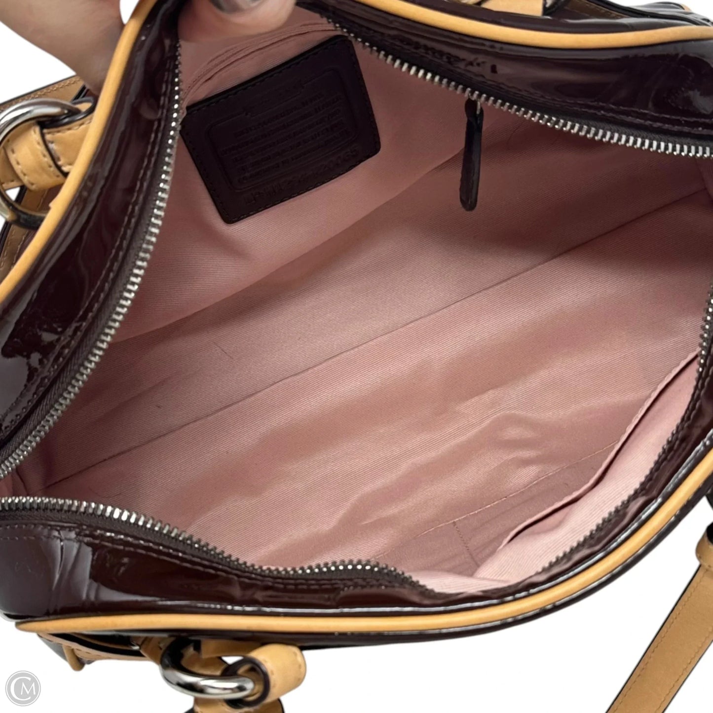 Patent Bowler Handbag Designer By Coach, Size: Medium