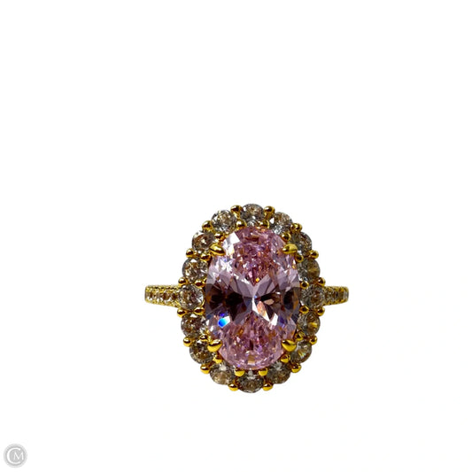 Gold Tone & Oval Cut Pink Gem Pavé Halo Cocktail Ring, Size: 8