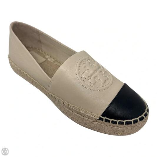 Cap Toe Leather Espadrilles Shoes Designer By Tory Burch In Black & Cream, Size: 6.5
