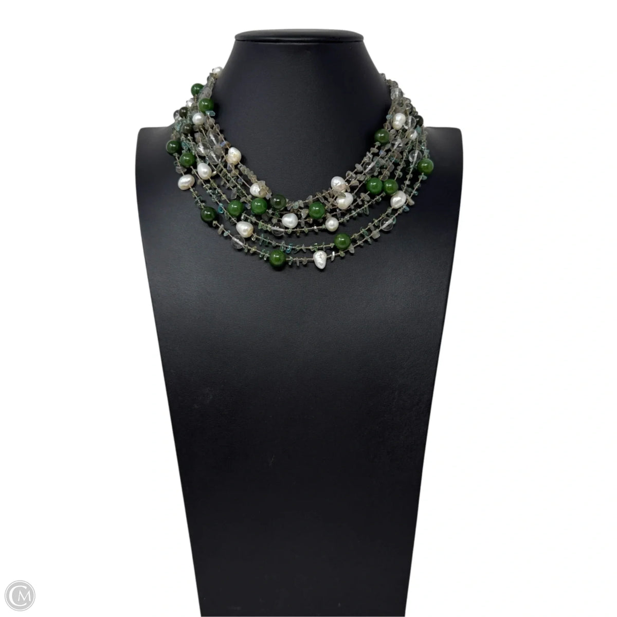 Pearl & Green Stone Beaded Layered Necklace