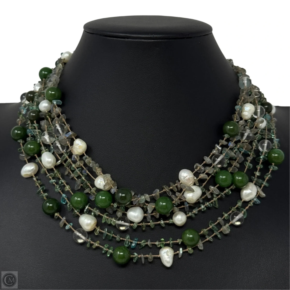 Pearl & Green Stone Beaded Layered Necklace