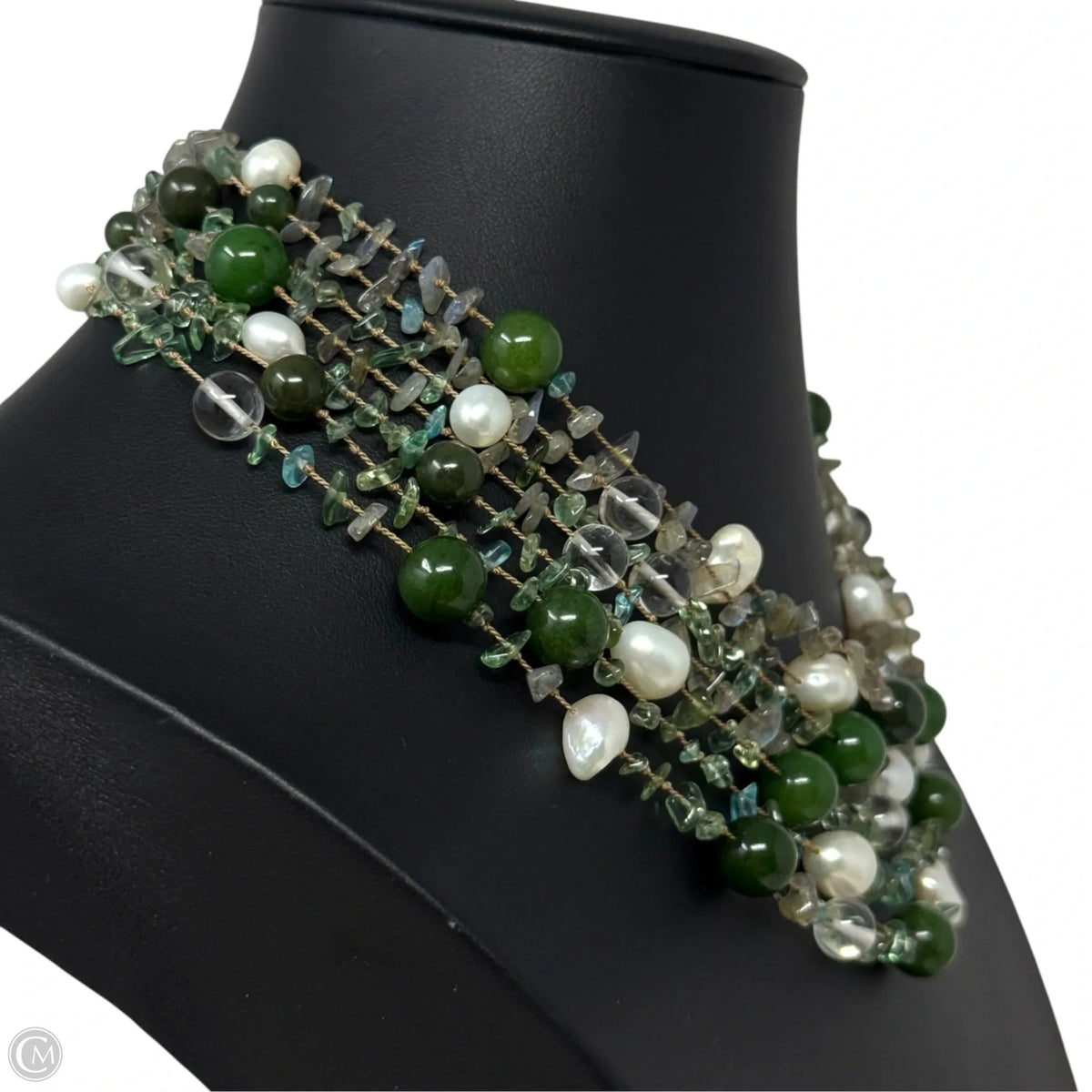 Pearl & Green Stone Beaded Layered Necklace