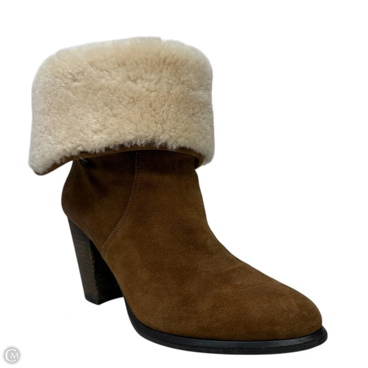 Layna Suede Shearling Cuffed Heeled Boots Designer By Ugg In Tan, Size: 9