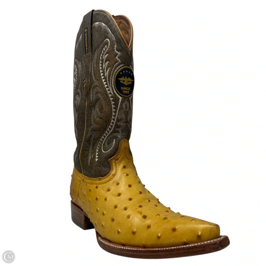 Ostrich Print Western Pointed Toe Boots By El General In Brown & Yellow, Size: 9