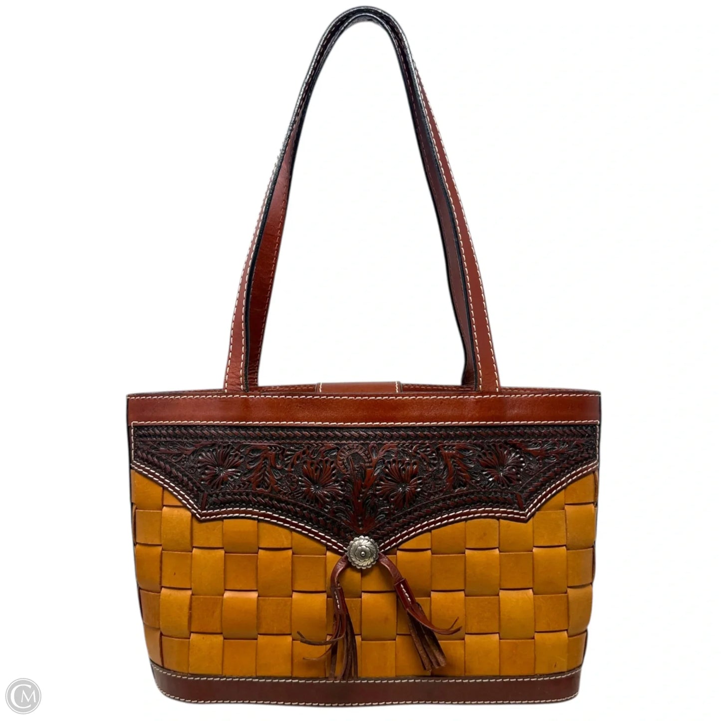 Vintage Tooled Woven  Leather Tote, Size: Large