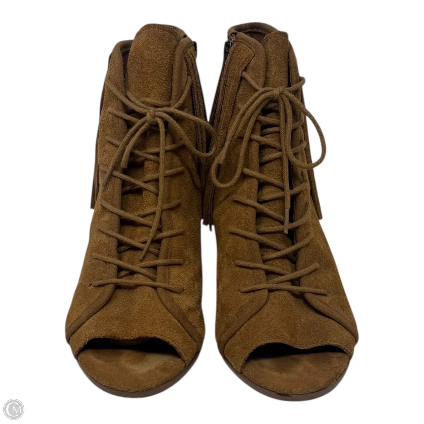 Fringe Peep Toe Boots Ankle Heels By Steve Madden In Tan, Size: 8