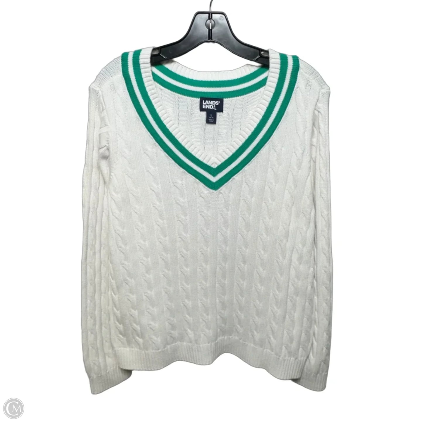 Cotton Sweater By Lands End In Green & White, Size: L